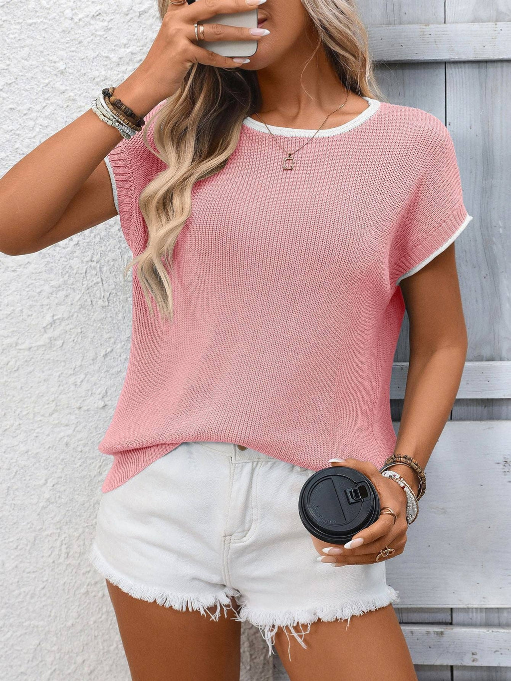Contrast Trim Round Neck Short Sleeve Knit Casual Top