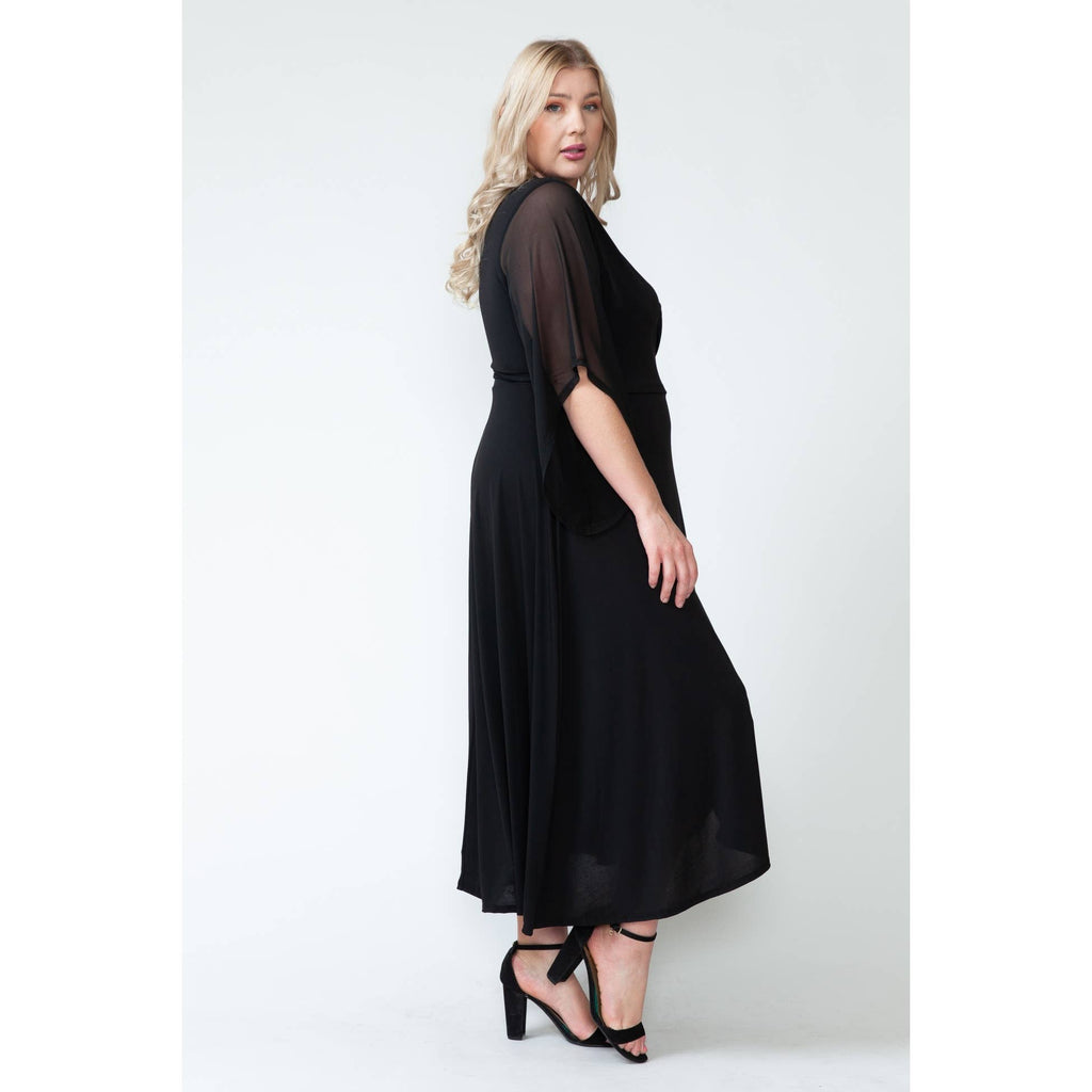 Plus Size V Neck Overlap Wrap Mesh Maxi Dress- FINAL SALE 50% OFF