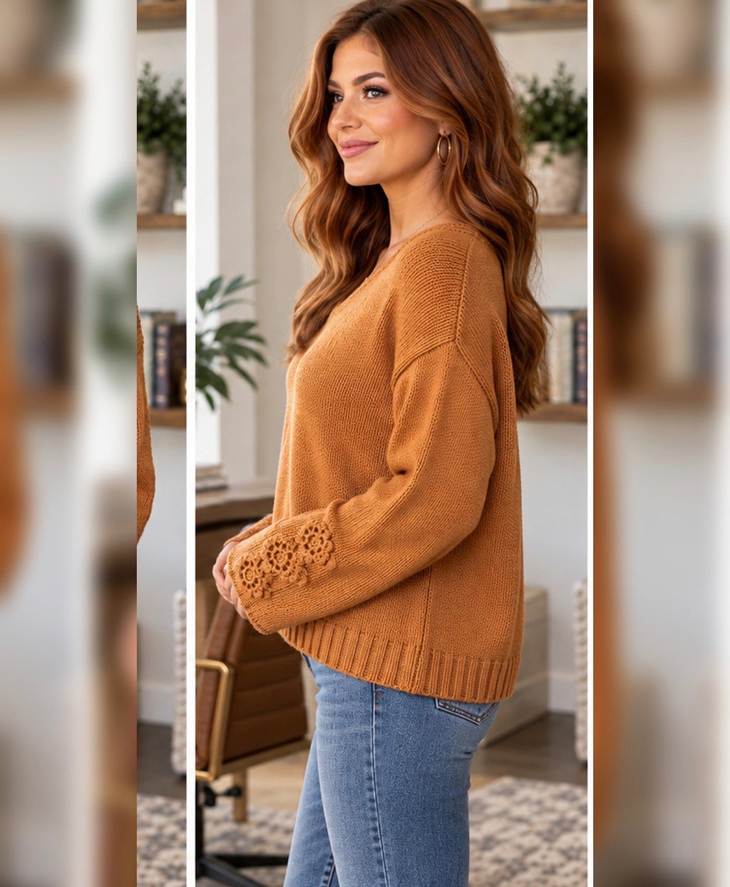 Camel Crochet Long Sleeve Sweater
