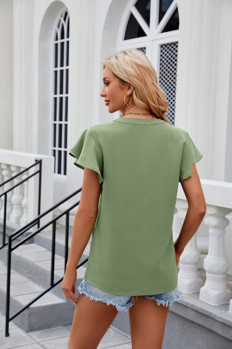 SOLID COLOR V NECK LOOSE SHORT SLEEVE CHIFFON TOP
