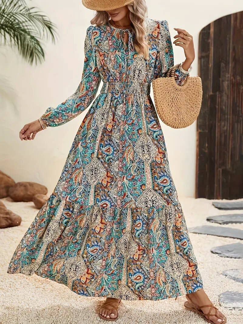 Boho Print Tie-Up Long-Sleeved Dress