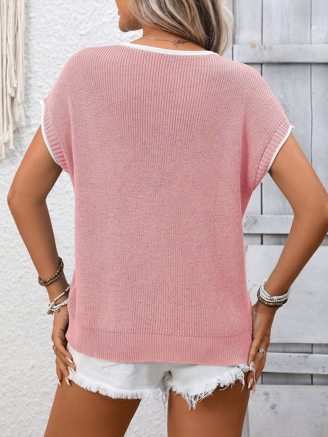 Contrast Trim Round Neck Short Sleeve Knit Casual Top