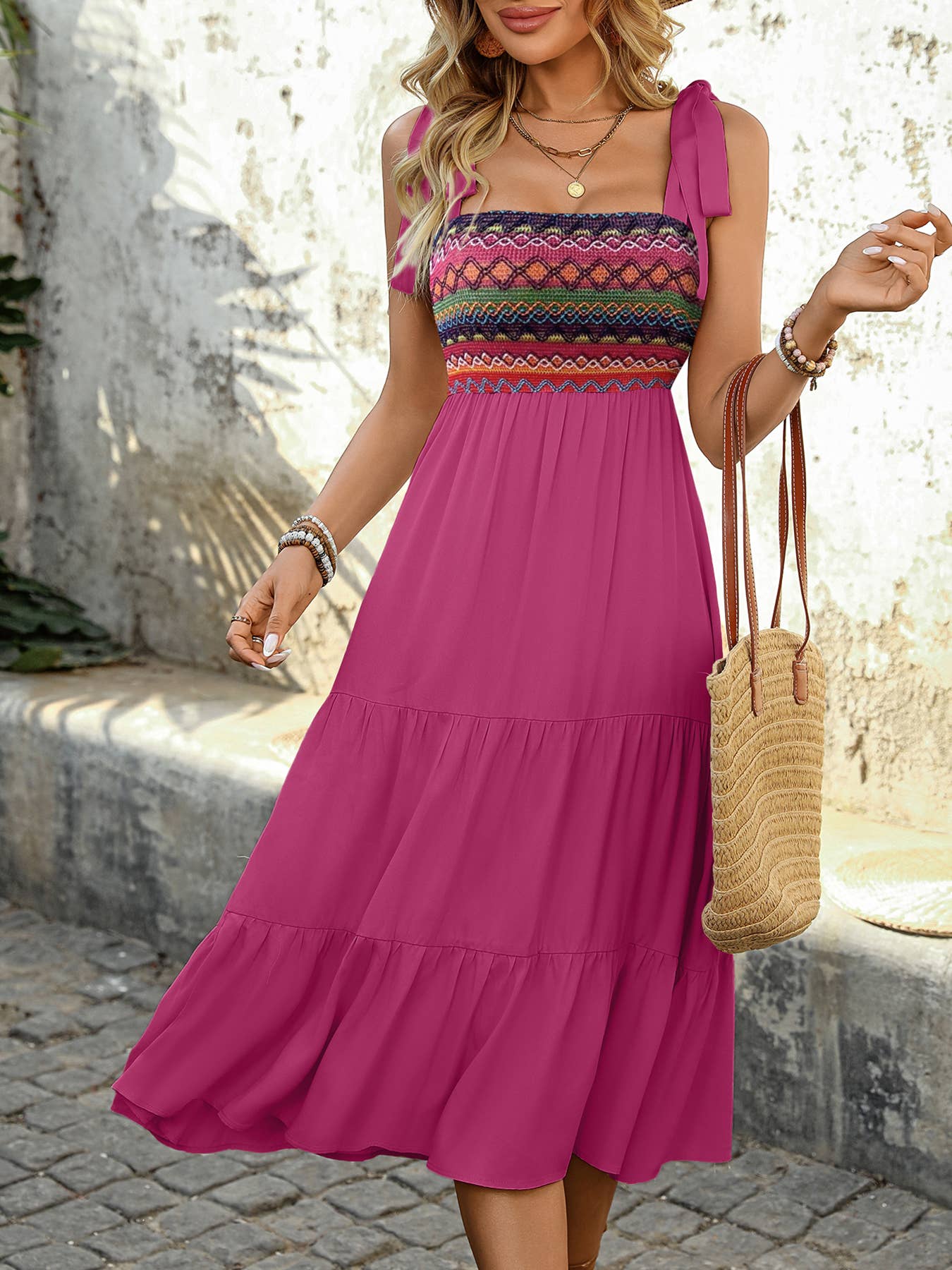 Fuchsia Smocked Midi Dress with Shoulder Tie Straps