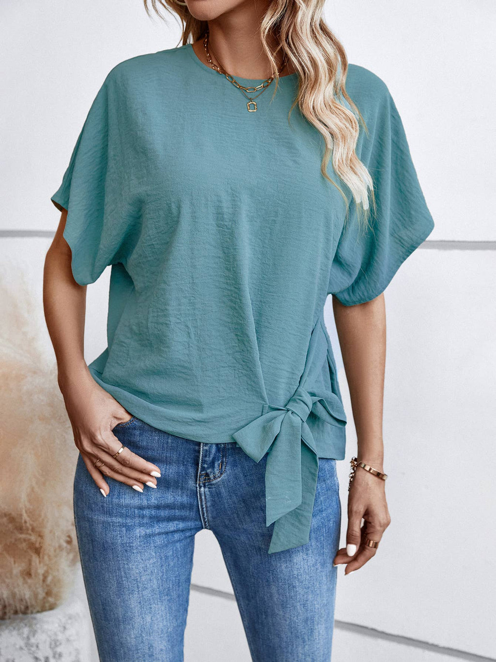 Short Sleeve Tie Side Loose Fit Blouse Top