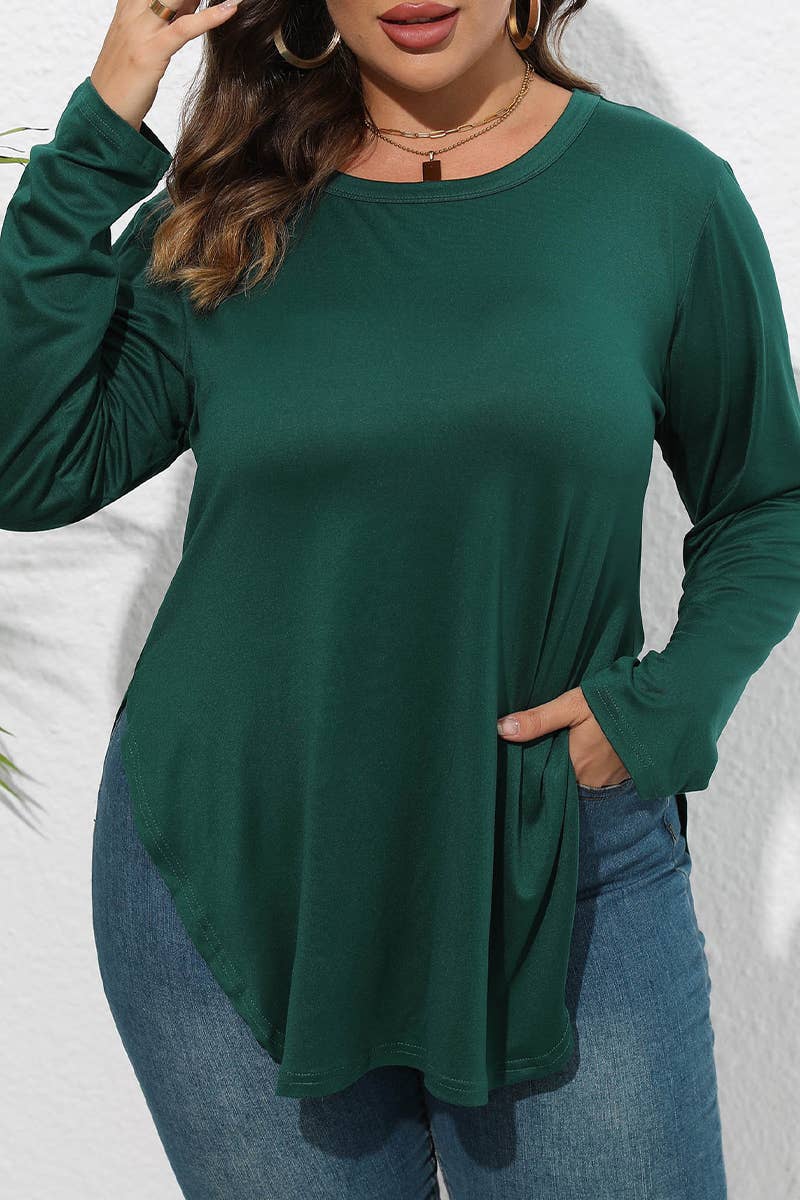 WOMEN PLUS SIZE SIDE SLIT LONG SLEEVE T SHIRT- FINAL SALE 50% OFF