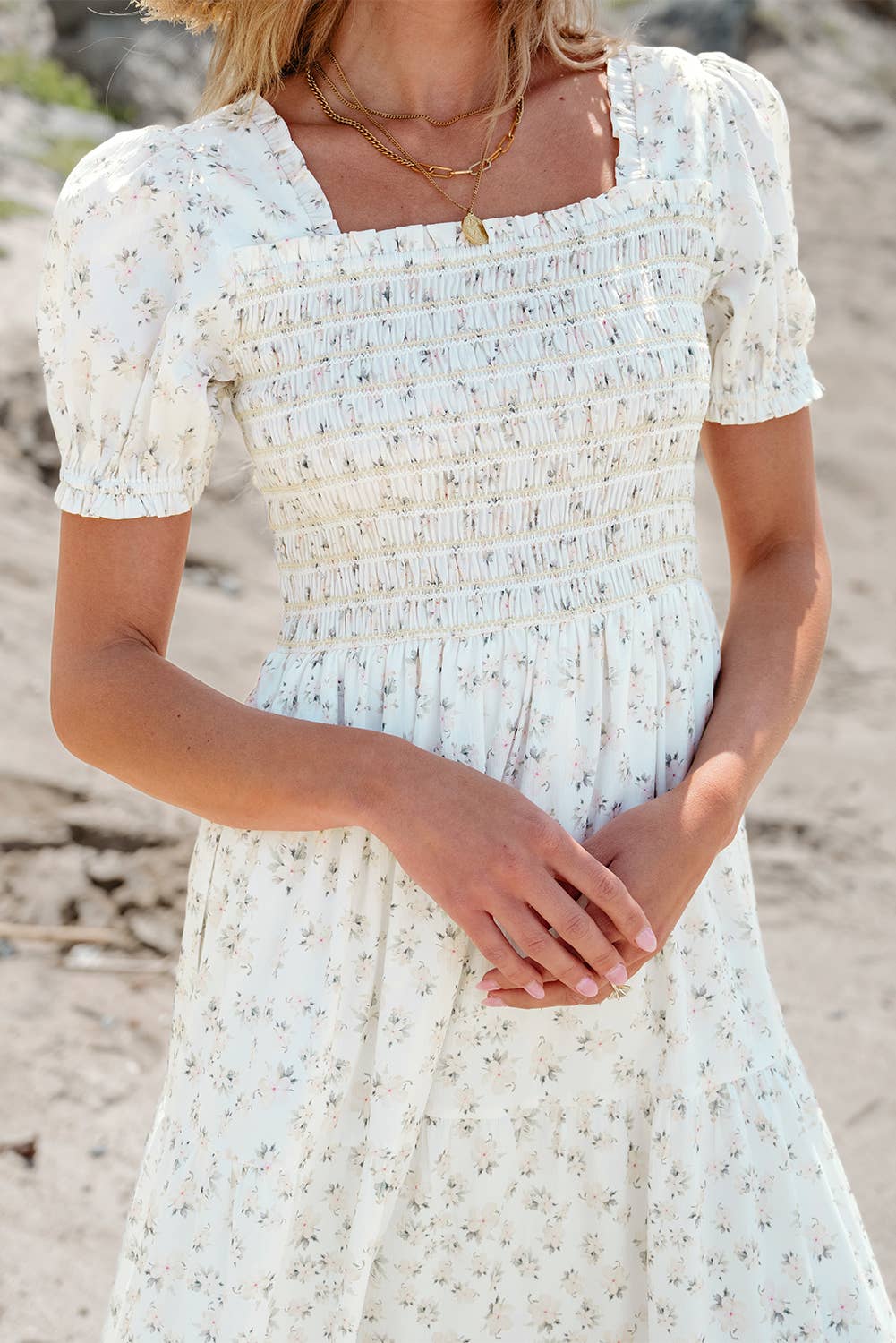 Boho Floral Print Ruffled Shirred Tiered Maxi Dress