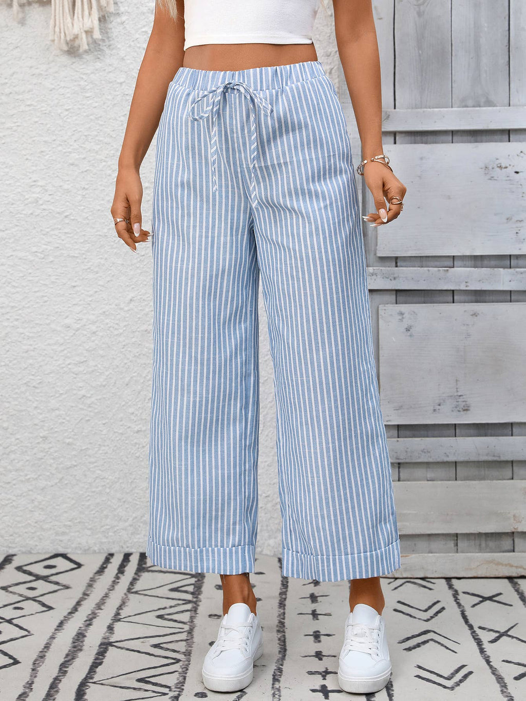 Striped Drawstring Wide Leg Lounge Pants