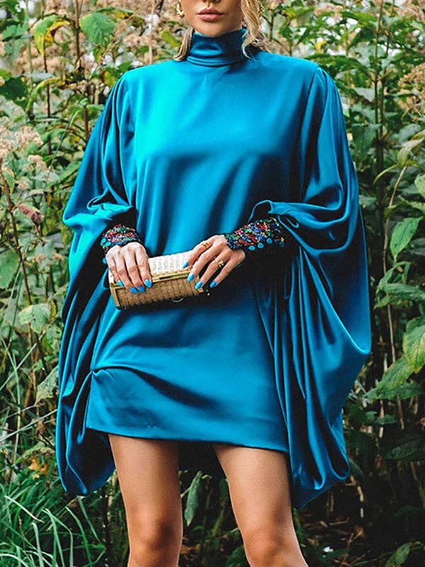 Batwing Sleeved Mini Dresses  (Peacock)