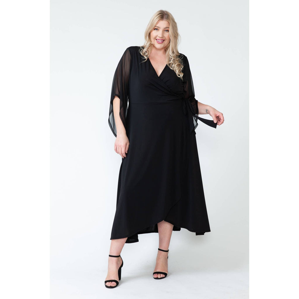 Plus Size V Neck Overlap Wrap Mesh Maxi Dress- FINAL SALE 50% OFF