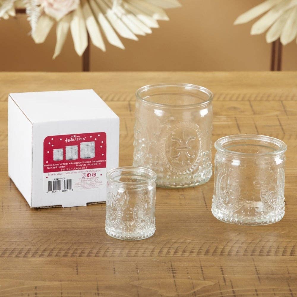 Kate Aspen Nesting Vintage Clear Glass Tea Light Holder (Set of 3)