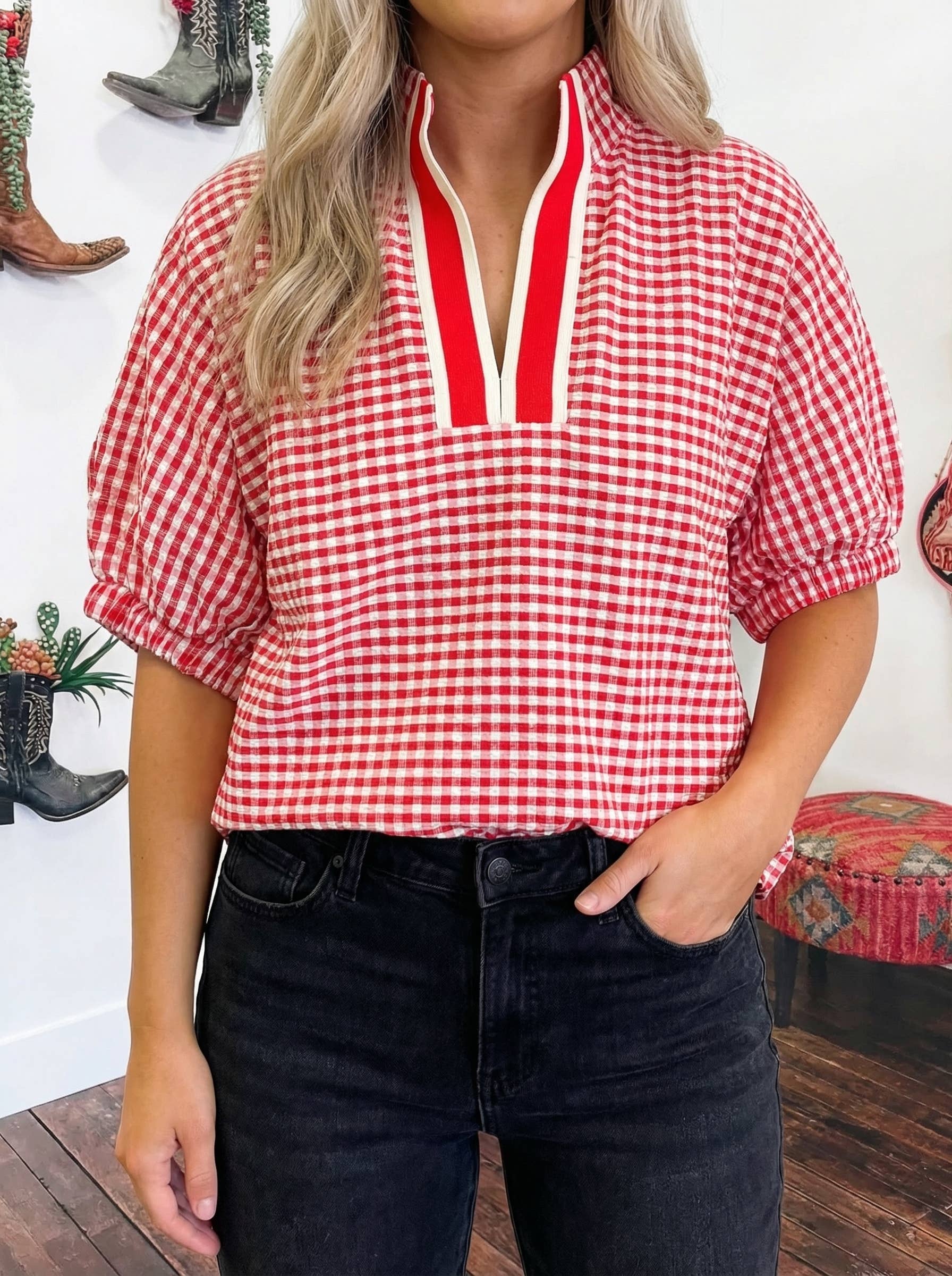 Summer Red Gingham Blouse