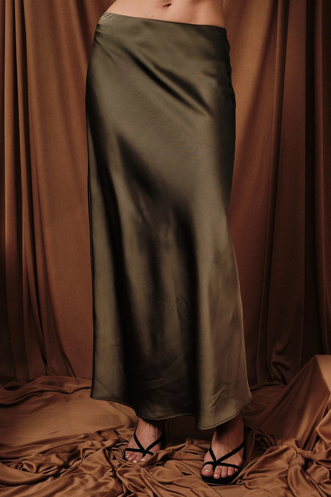 Blair Satin Midi Skirt with Elastic Waist - Olive Green