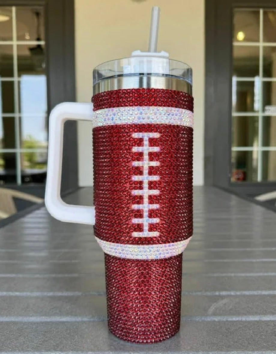 Burgundy Crystal Football "Blinged Out" 40 Oz. Tumbler