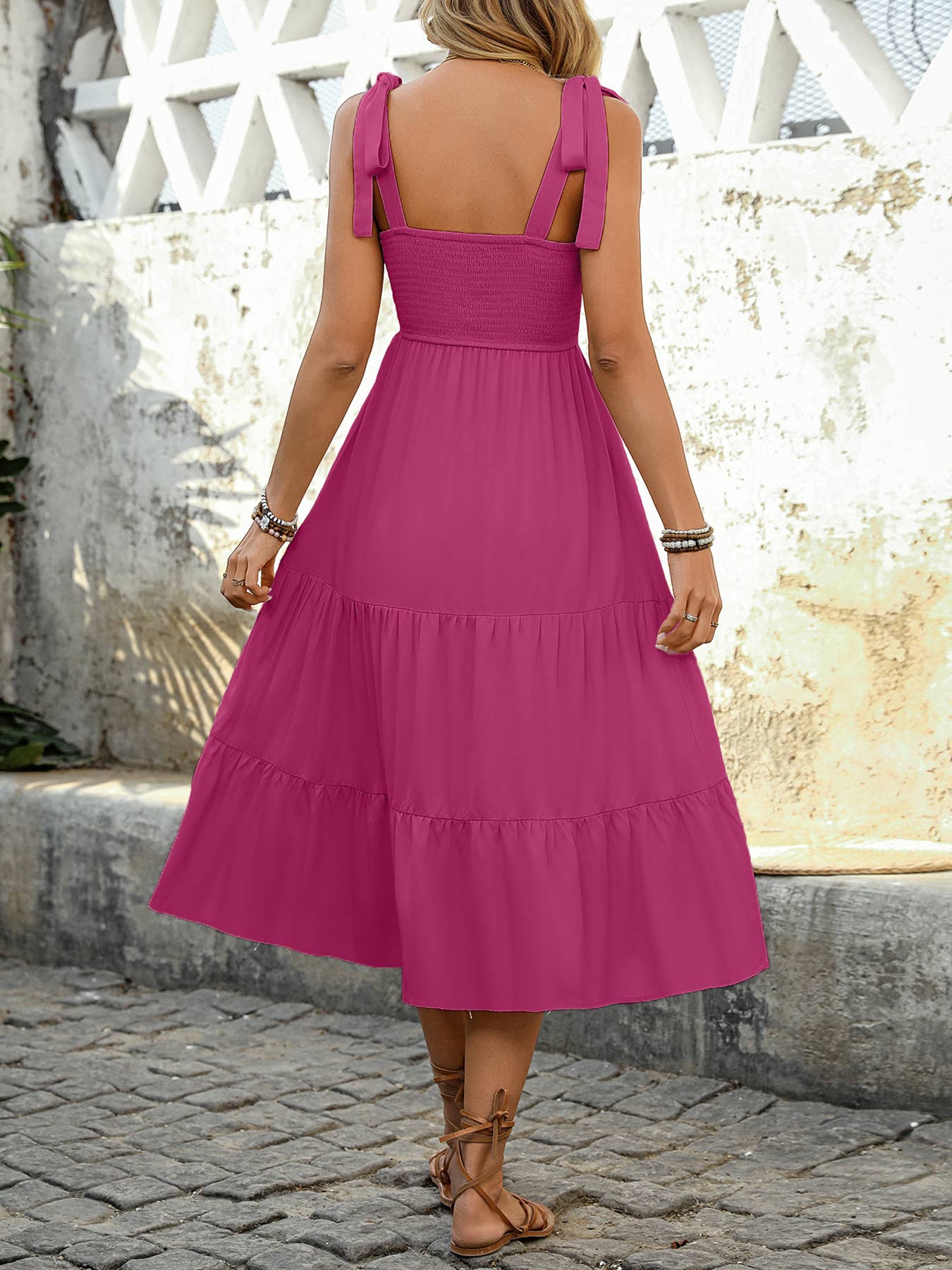 Fuchsia Smocked Midi Dress with Shoulder Tie Straps