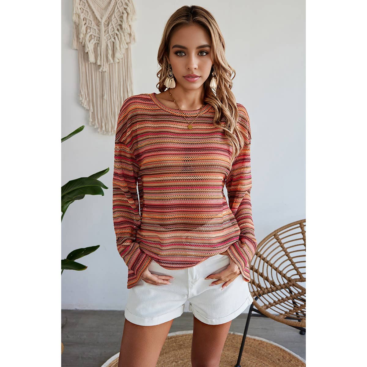 Round Neck Striped Long Sleeve Shirt - FINAL SALE 50% OFF