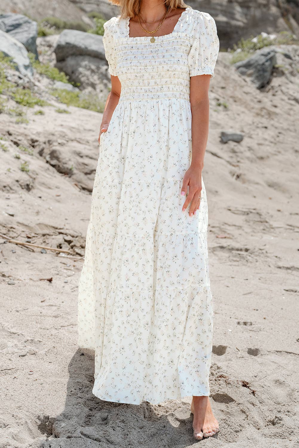 Boho Floral Print Ruffled Shirred Tiered Maxi Dress