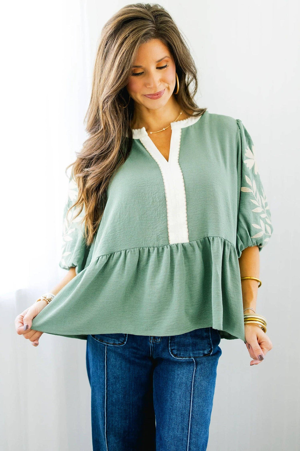 Smoke Green Embroidered Babydoll Blouse