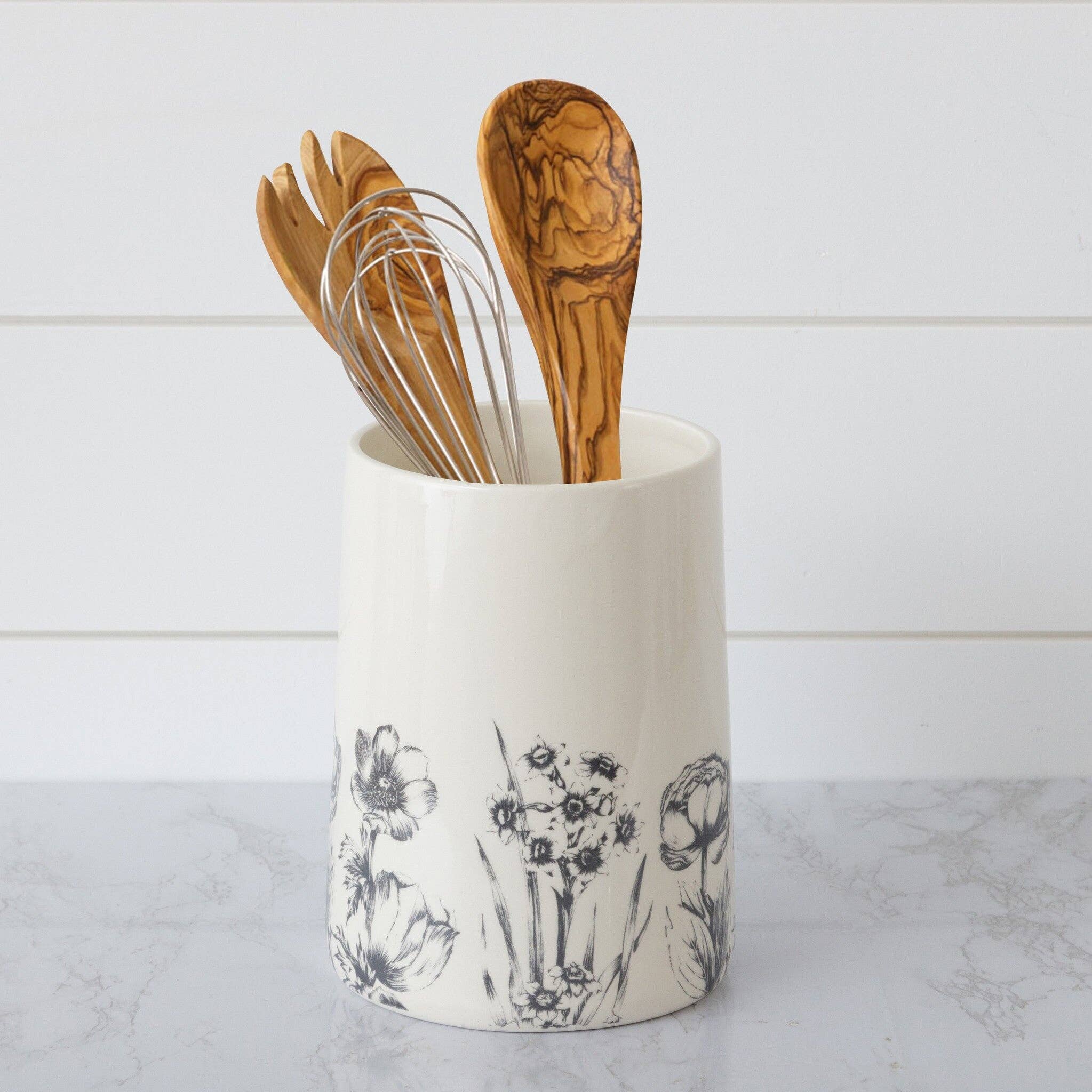 Black and White Botanical Utensil Crock