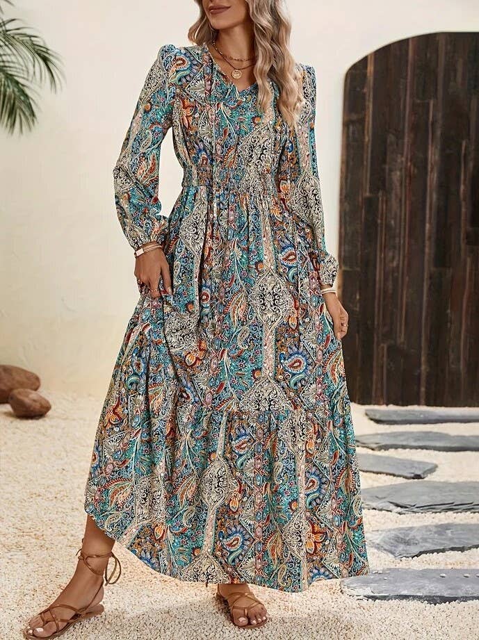 Boho Print Tie-Up Long-Sleeved Dress