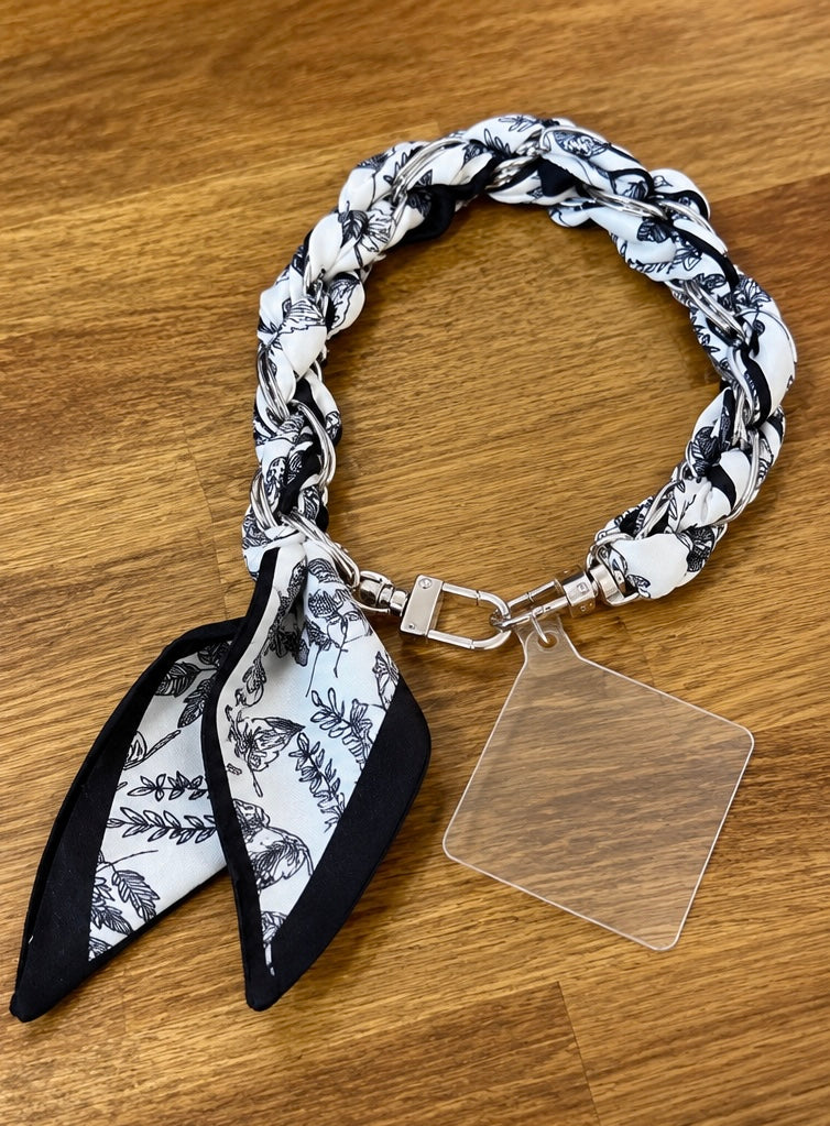 Botanical Scarf Braided Phone Wristlet – Black & White