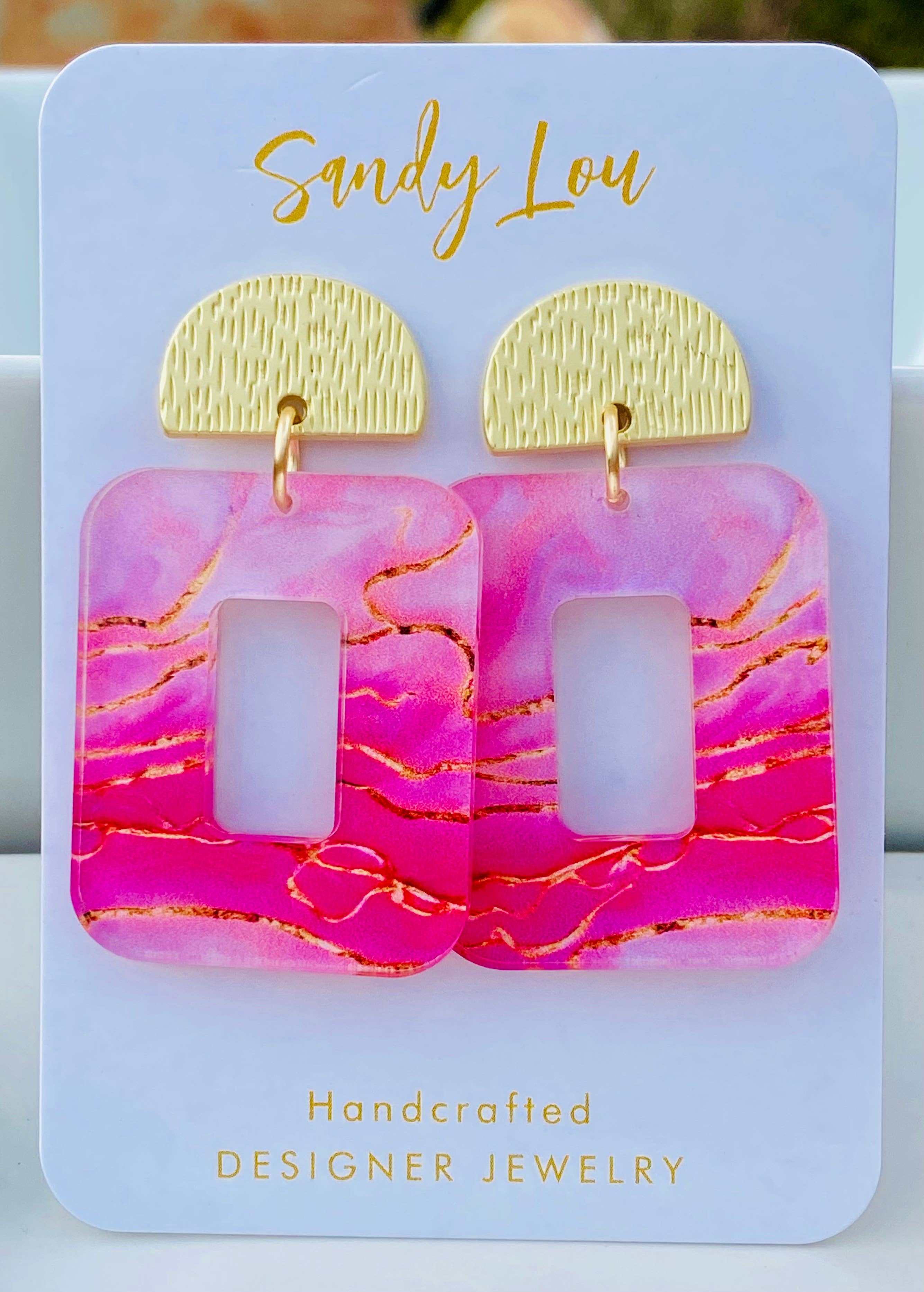 Spring Blush Marble Statement Earrings – Pink & Gold Acrylic