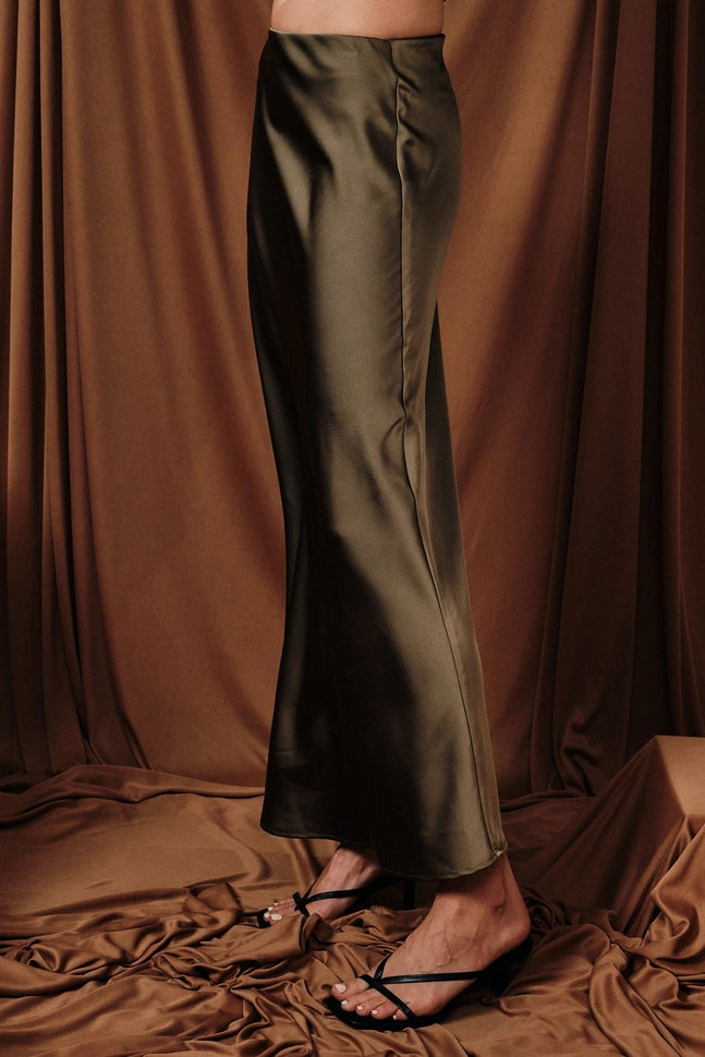 Blair Satin Midi Skirt with Elastic Waist - Olive Green