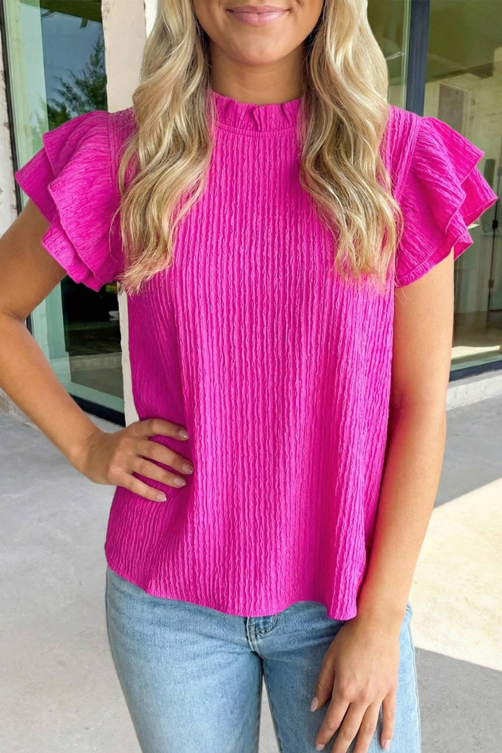 Fuchsia Textured Ruffle Sleeve Blouse