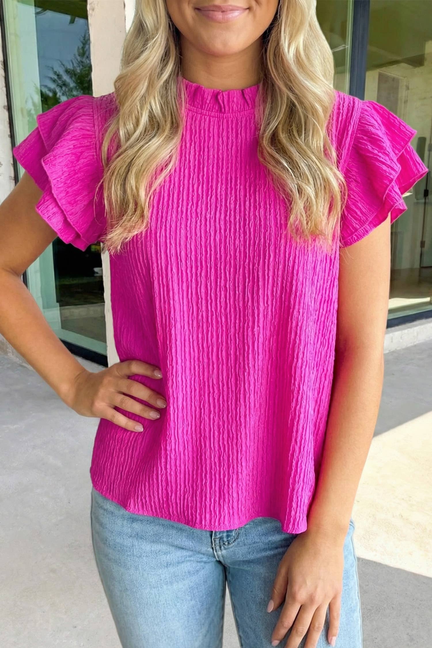 Fuchsia Textured Ruffle Sleeve Blouse