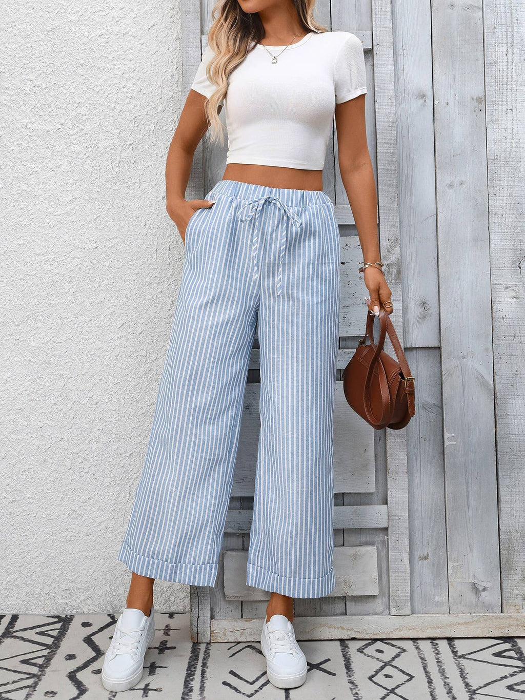 Striped Drawstring Wide Leg Lounge Pants