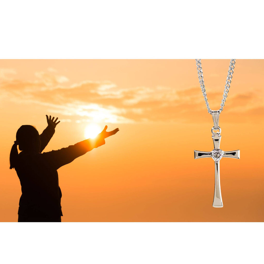 Silver Plated Cross With Heart Shaped CZ Necklace