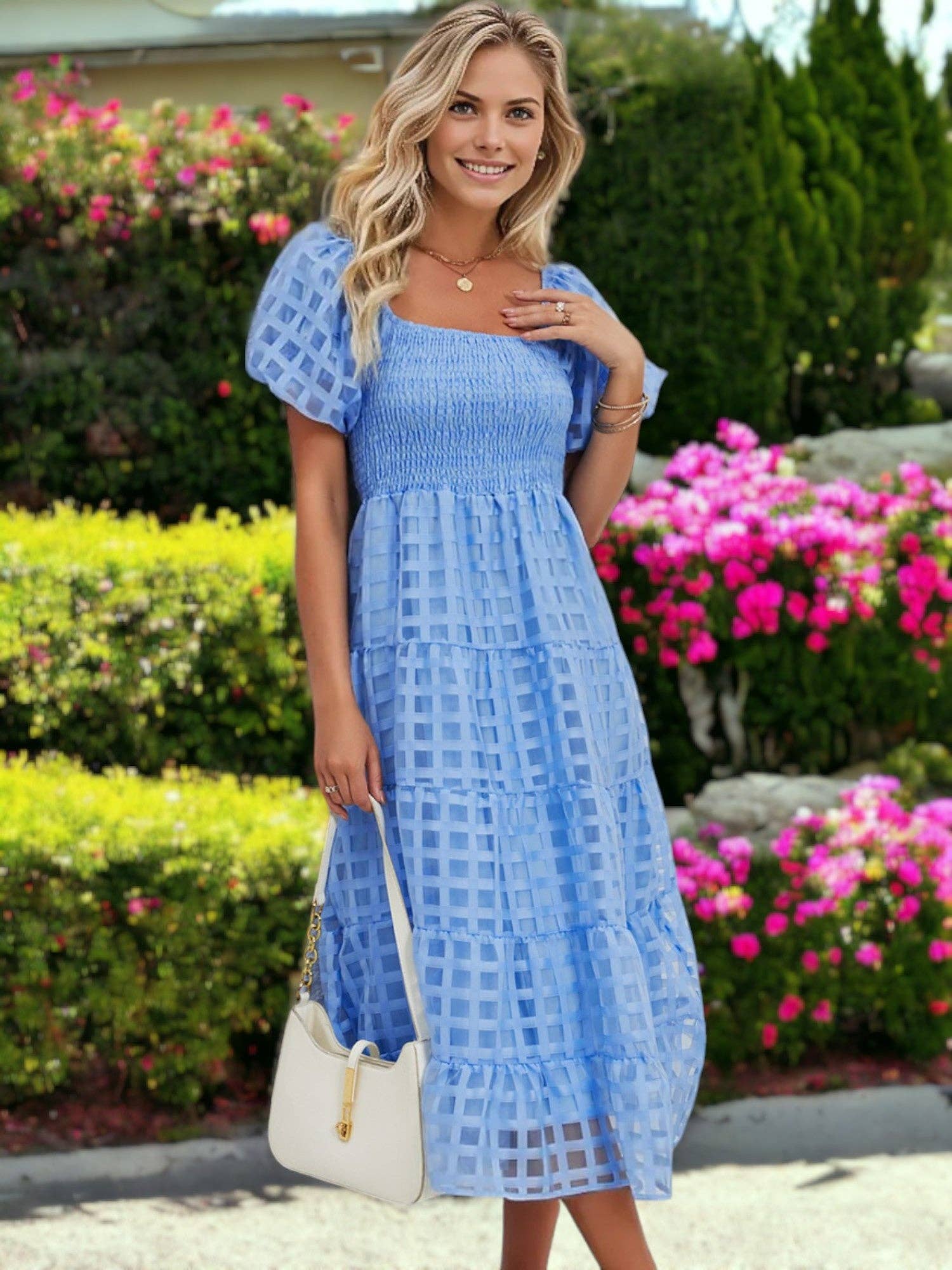 Off Shoulder Puffed Sleeve Checkered Dress