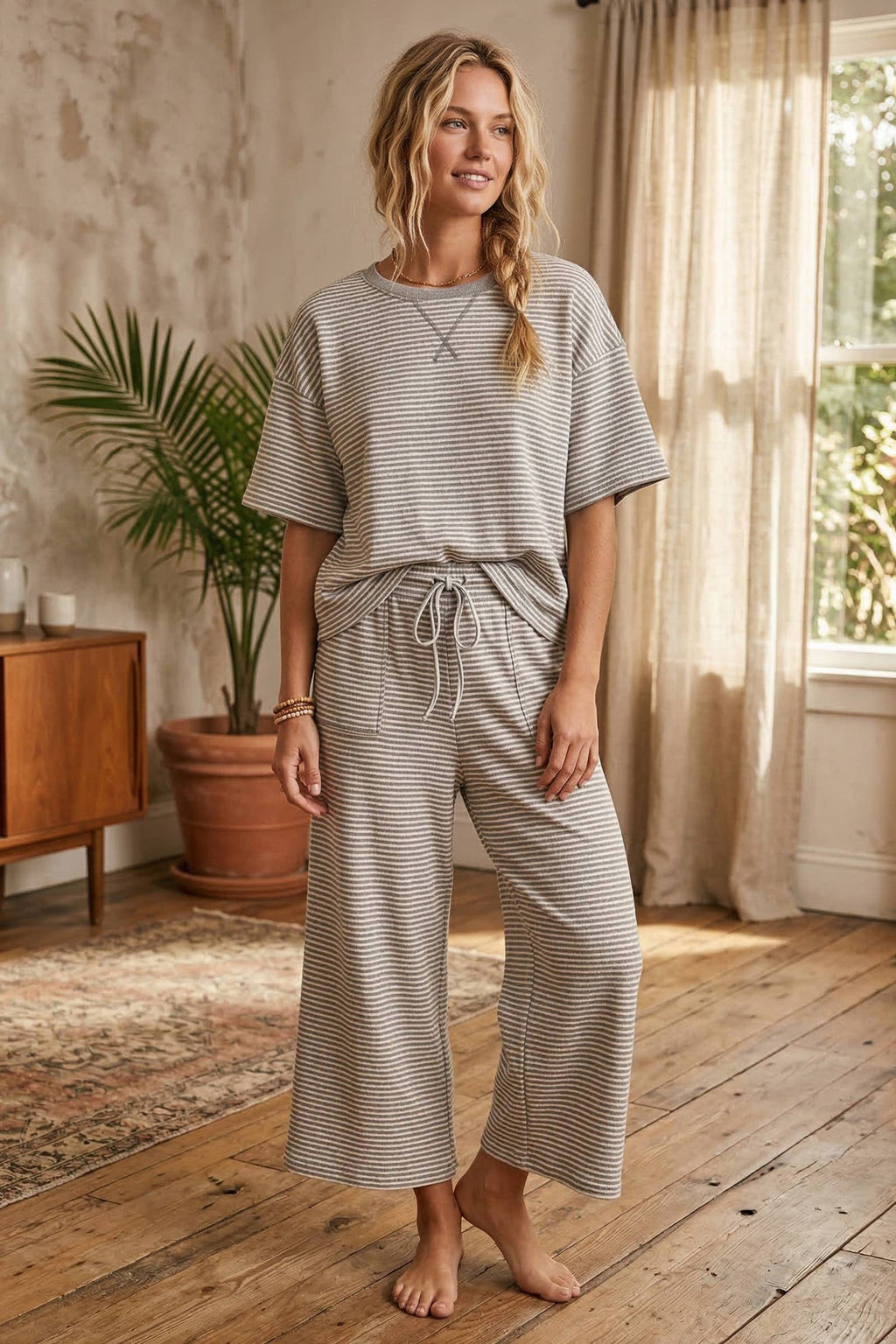 Heather Grey Striped Knit Top and Pant Set