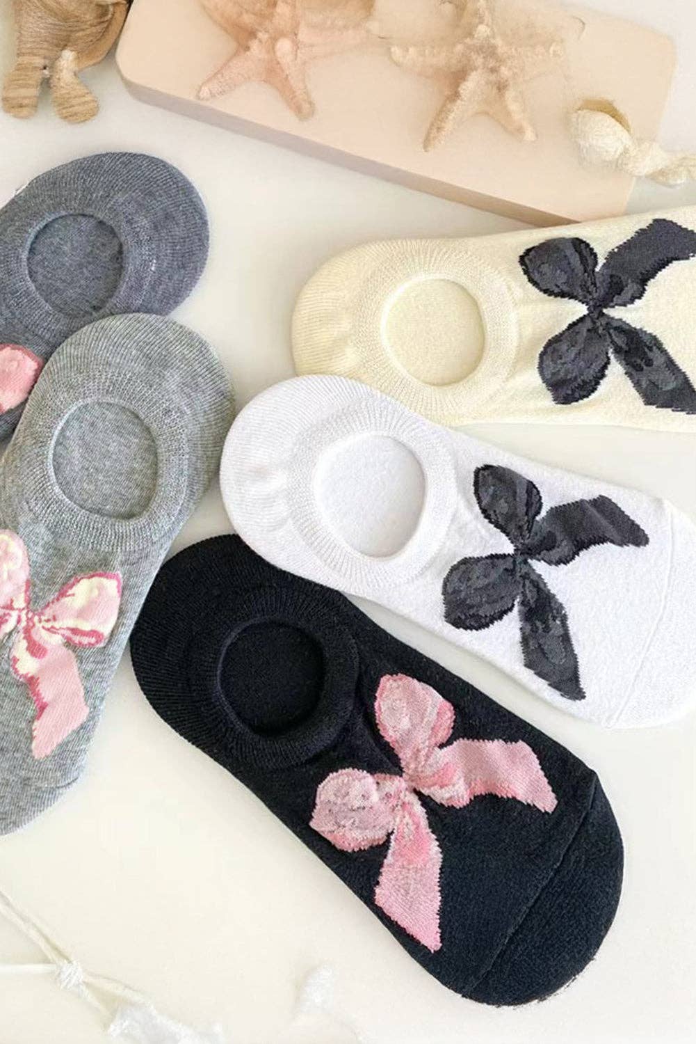 Pink/Gray/Black Bow Knot Soft No Show Socks
