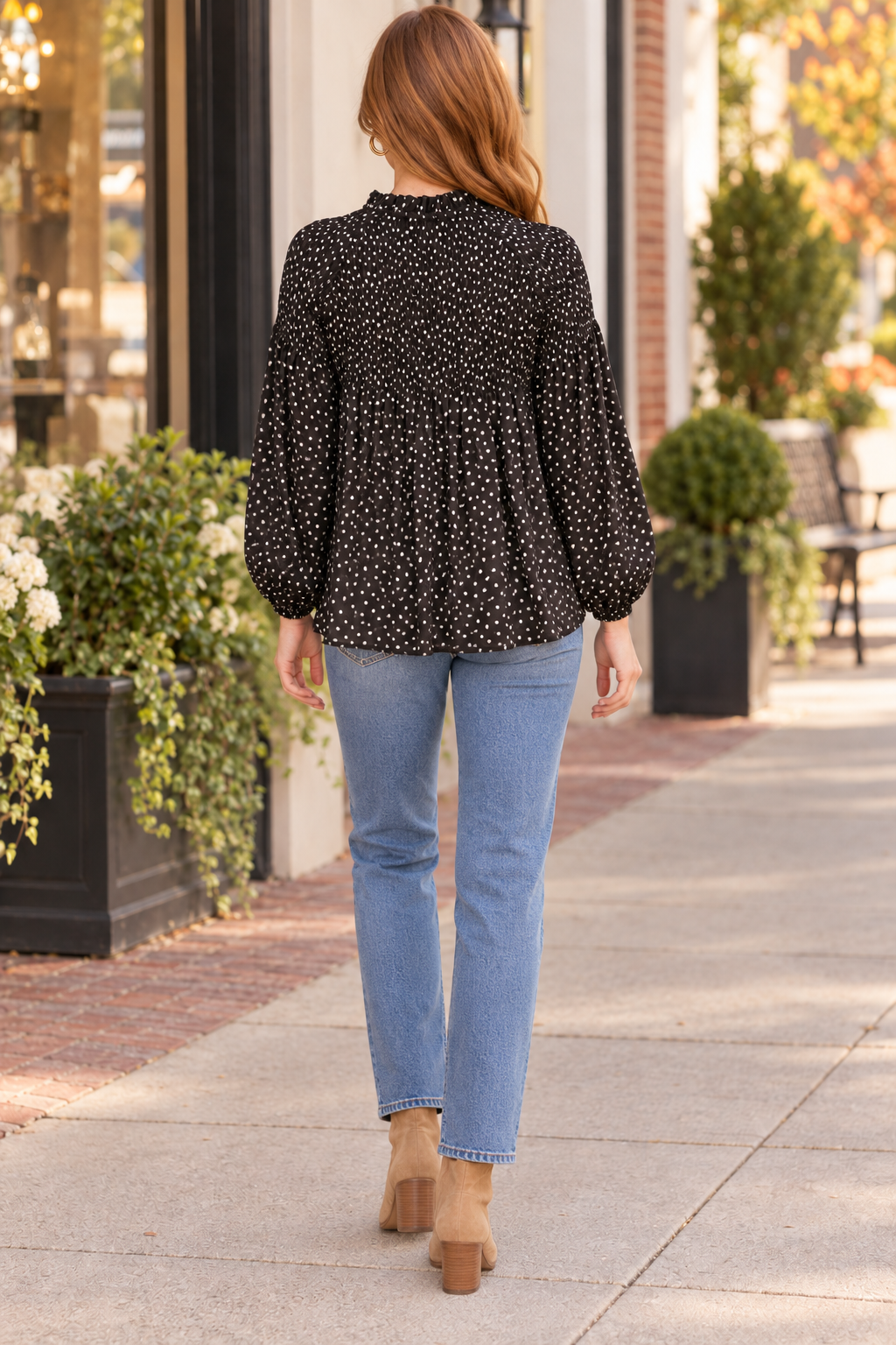 Polka Dot Satin Smocked Blouse - Black/White