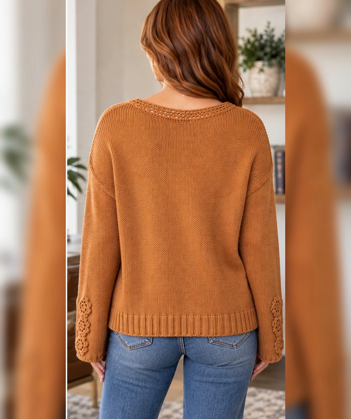Camel Crochet Long Sleeve Sweater