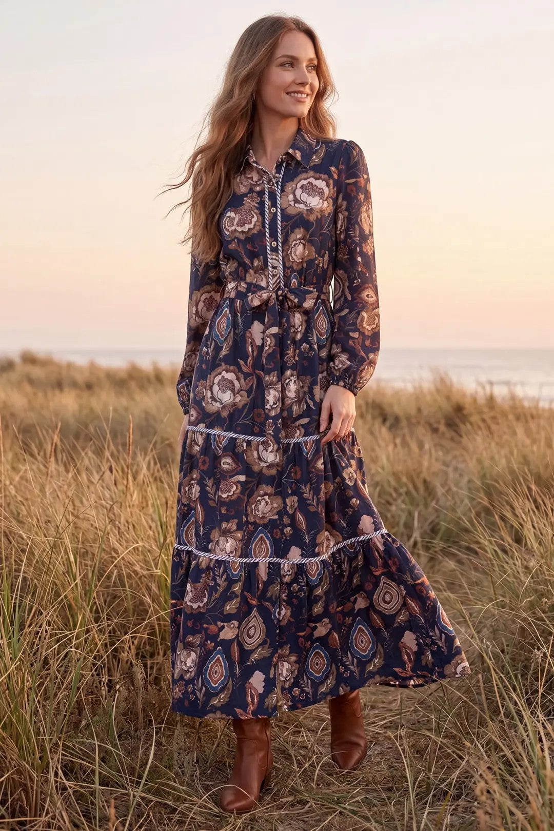 She+Sky Navy Floral Tiered Maxi Dress