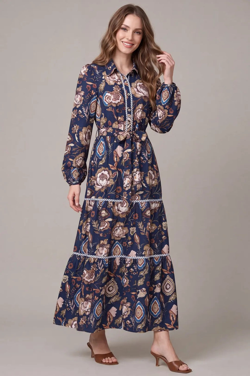 She+Sky Navy Floral Tiered Maxi Dress