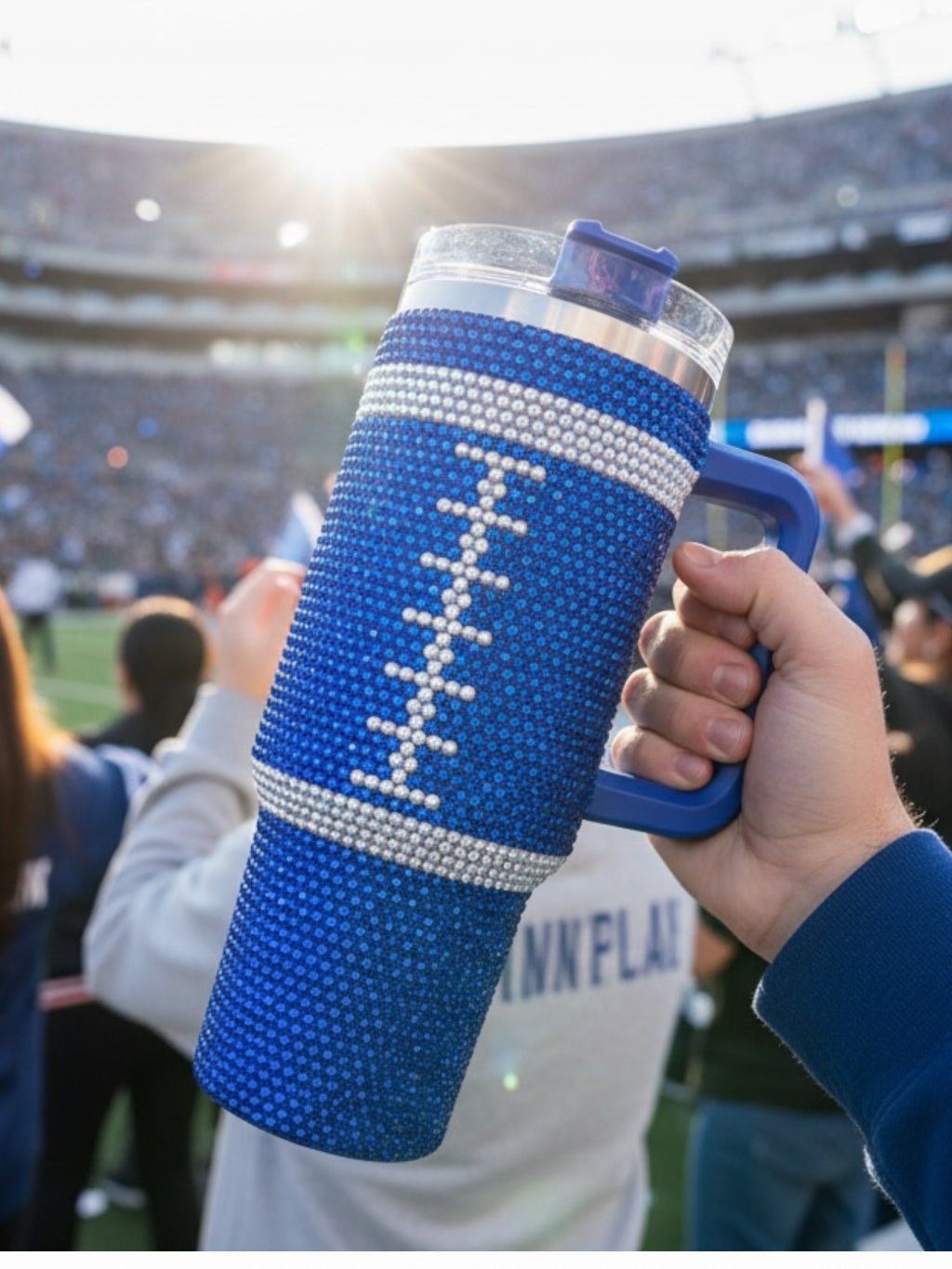Royal Blue Crystal Football "Blinged Out" 40 Oz. Tumbler