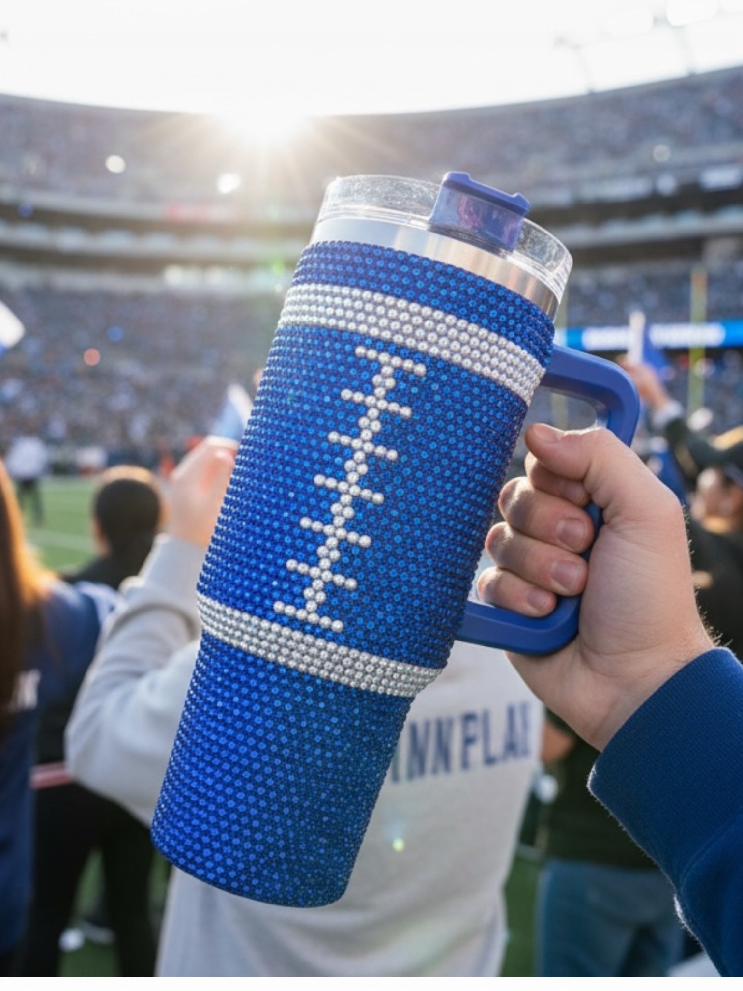 Royal Blue Crystal Football "Blinged Out" 40 Oz. Tumbler