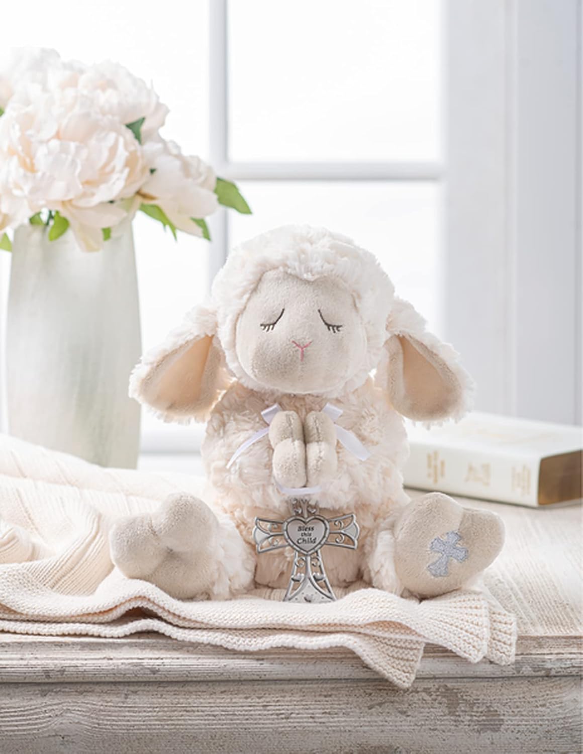 Bless This Child Serenity Lamb with Crib Ornament Ivory 13"x5"