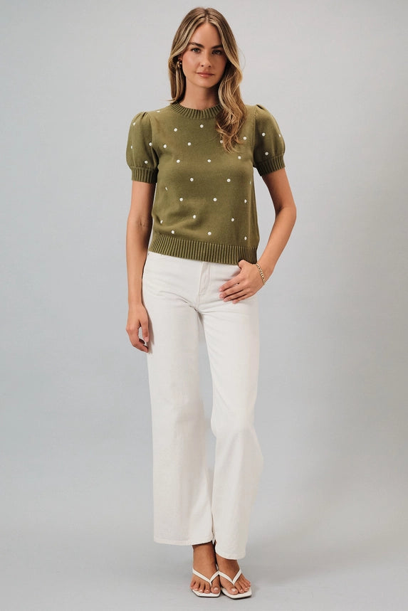 "Polka Dot" Embroidered Puff Sleeve Sweater