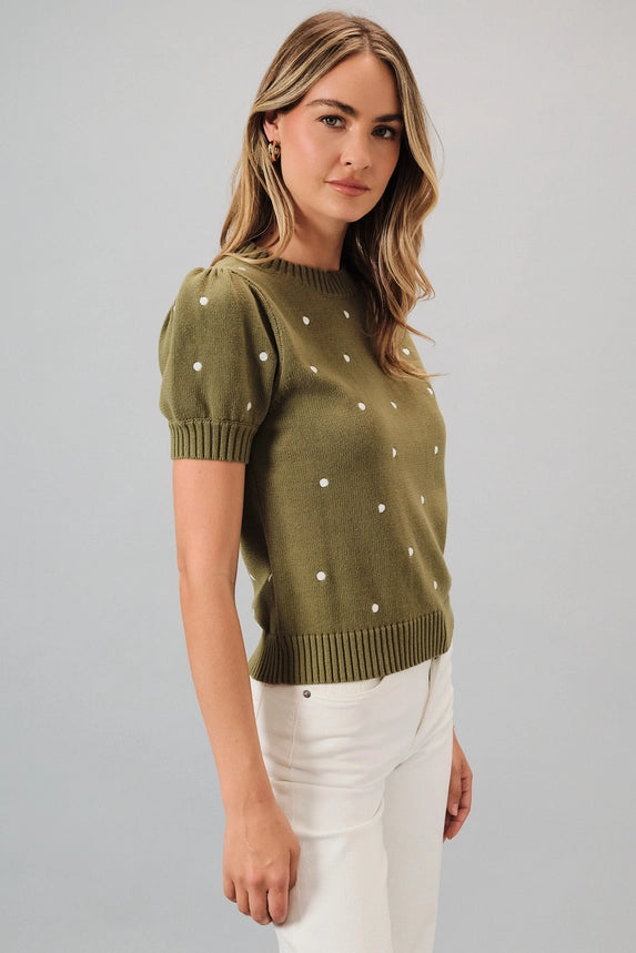 "Polka Dot" Embroidered Puff Sleeve Sweater
