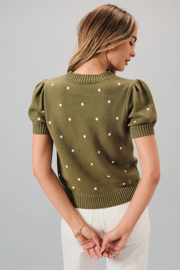 "Polka Dot" Embroidered Puff Sleeve Sweater