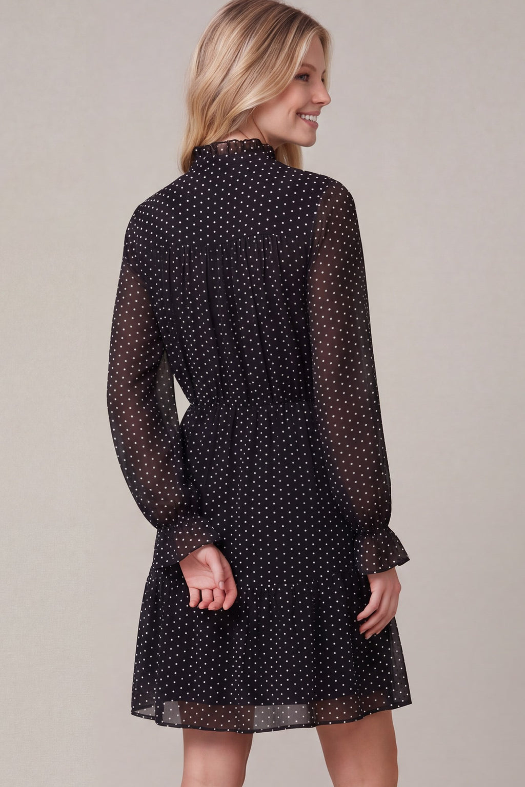 She+Sky Ruffled Button Down Polkadot Mini Dress - Black/White