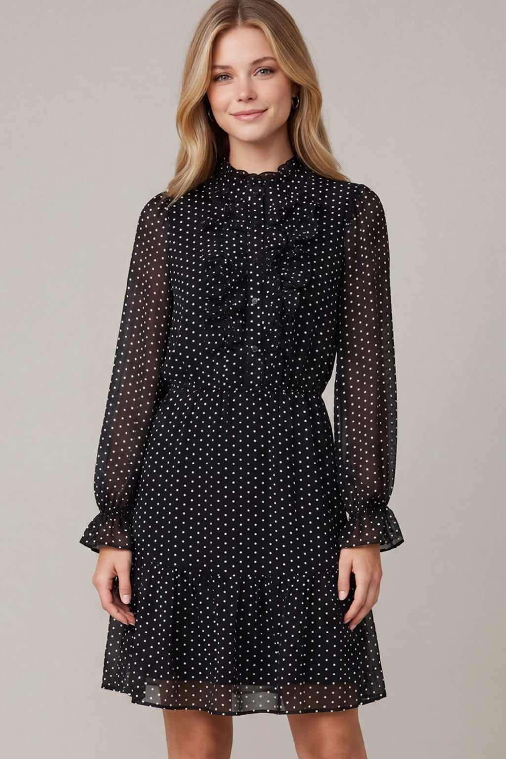 She+Sky Ruffled Button Down Polkadot Mini Dress - Black/White