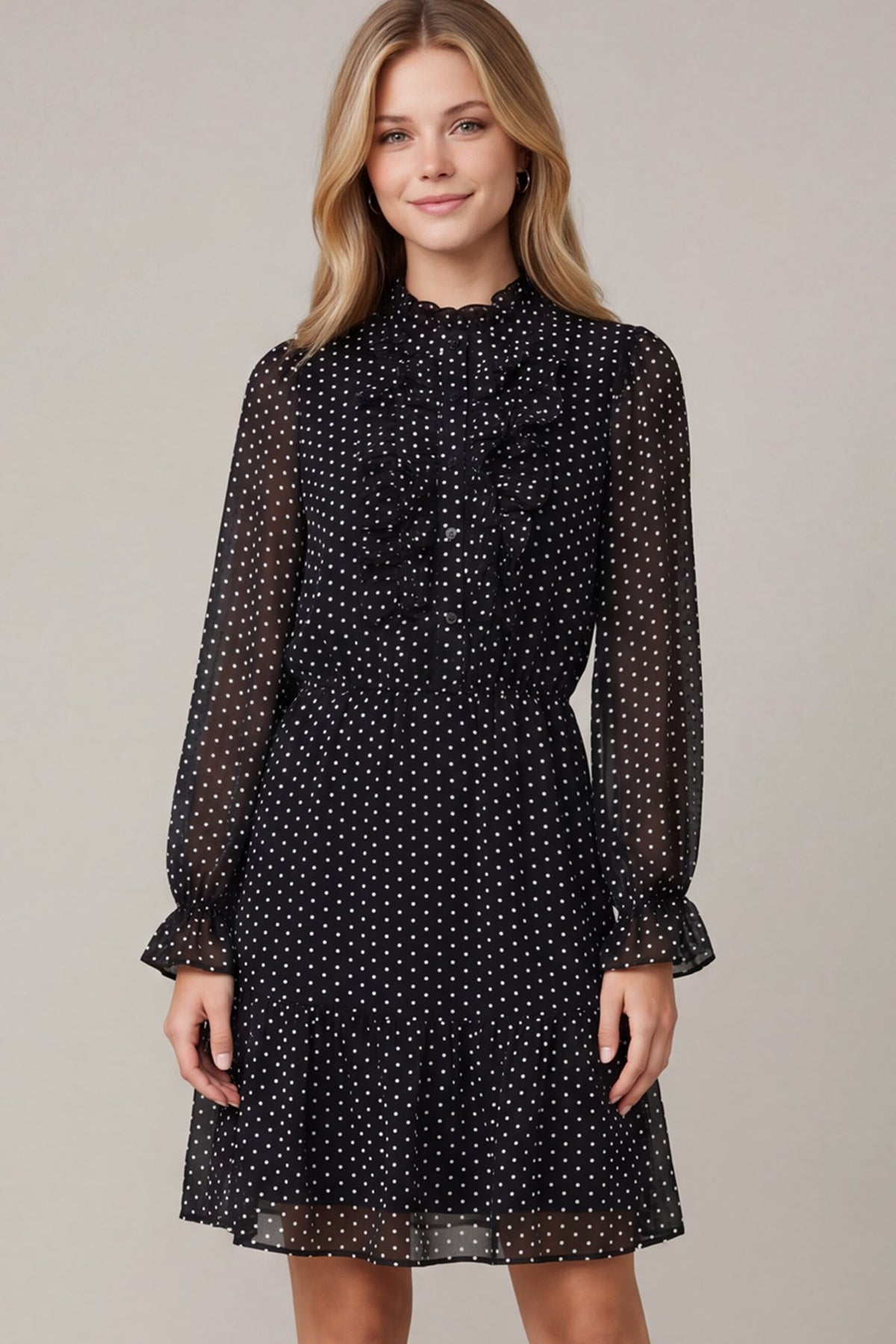 She+Sky Ruffled Button Down Polkadot Mini Dress - Black/White