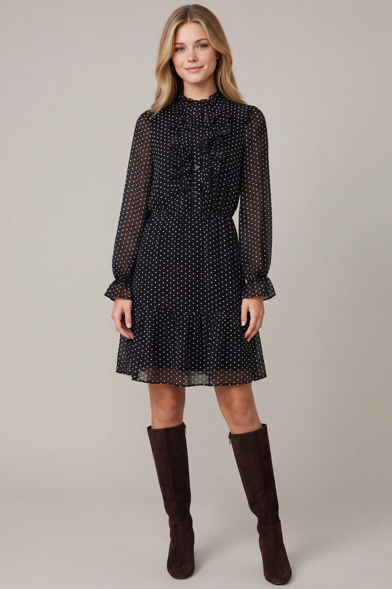 She+Sky Ruffled Button Down Polkadot Mini Dress - Black/White