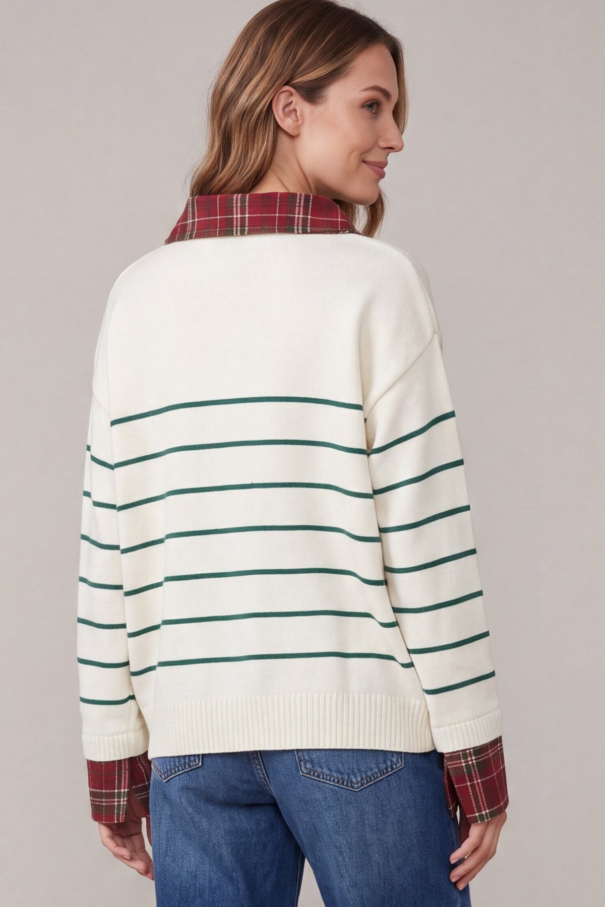 She+Sky Green Stripe Plaid Color Sweater Top