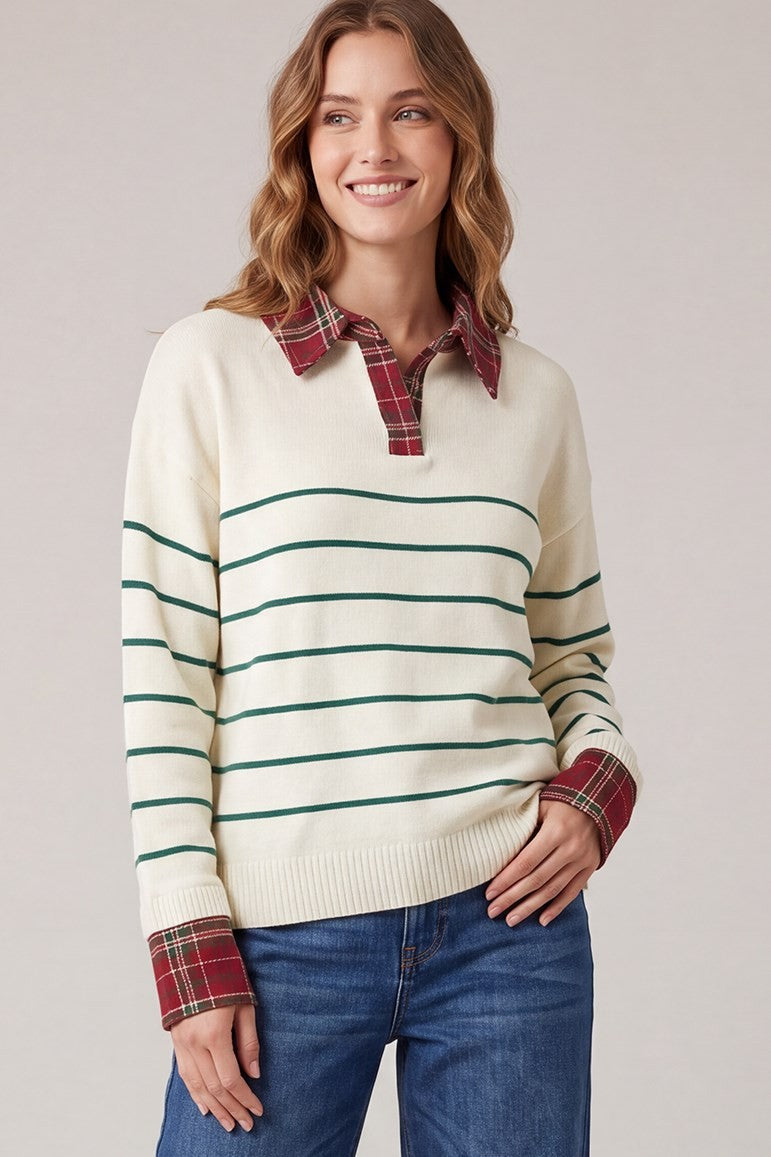 She+Sky Green Stripe Plaid Color Sweater Top
