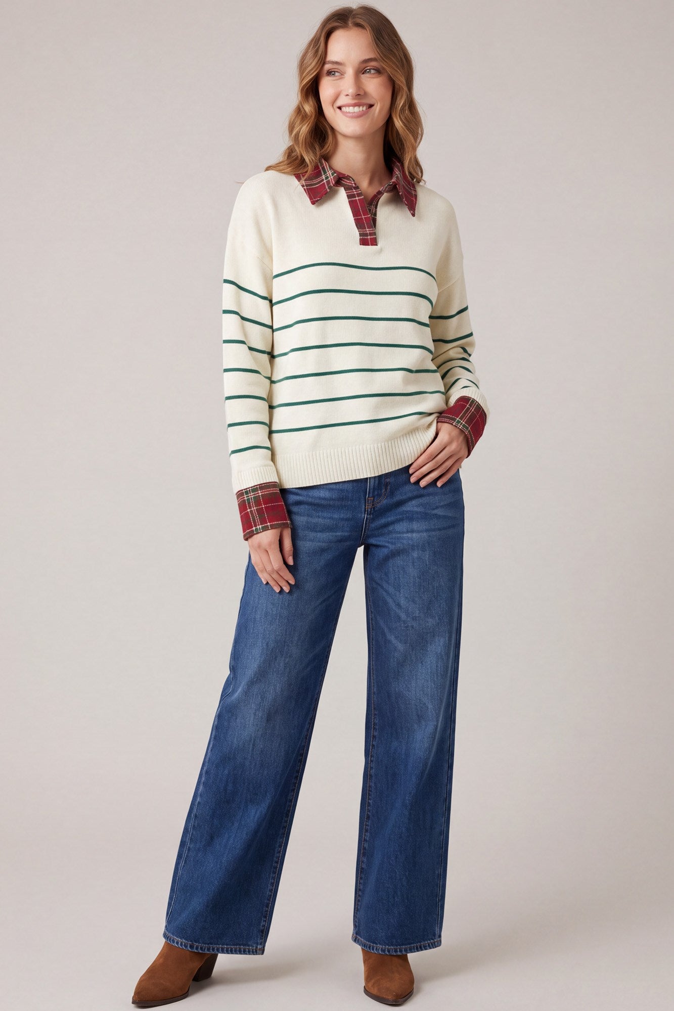 She+Sky Green Stripe Plaid Color Sweater Top